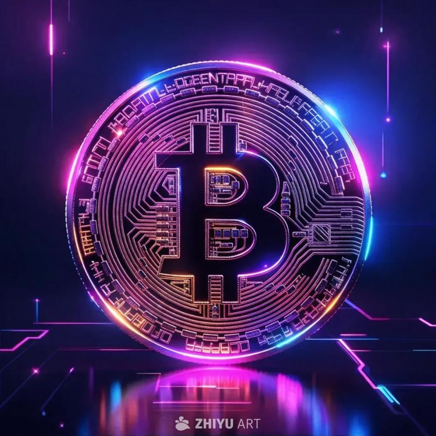一个圆形比特币标志，其表面布满复杂的电路图案。标志