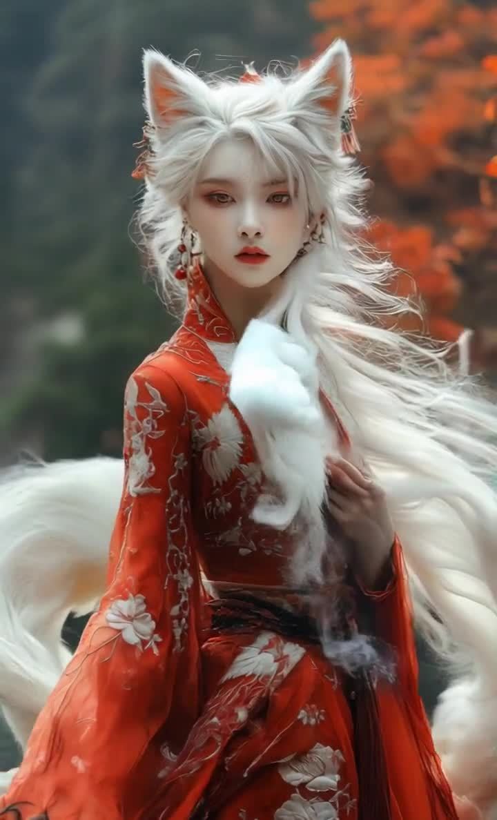 红衣狐耳女子，长发和服，背景模糊唯美写真。