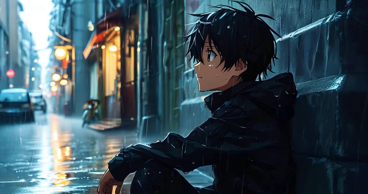 街边的雨中，一位黑发少年坐在湿漉漉的台阶上，身穿黑