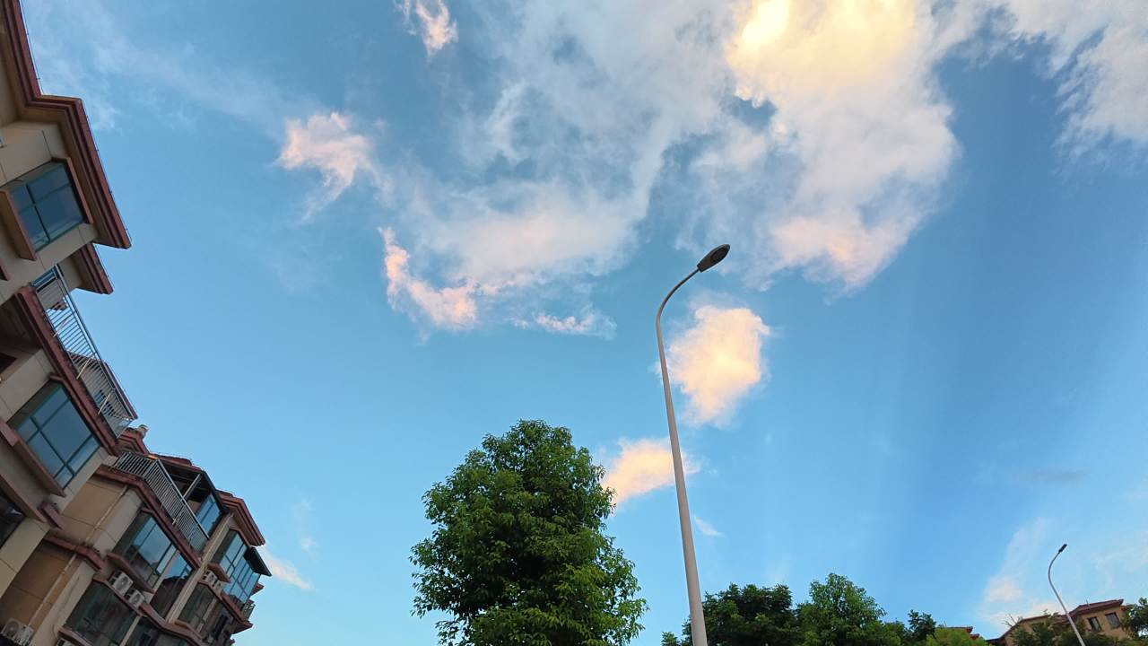 蓝天白云下的城市黄昏