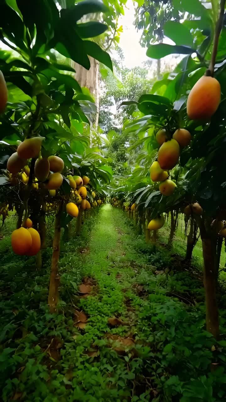 低角度、静态镜头：茂密的森林丛林中，一个充满生机的