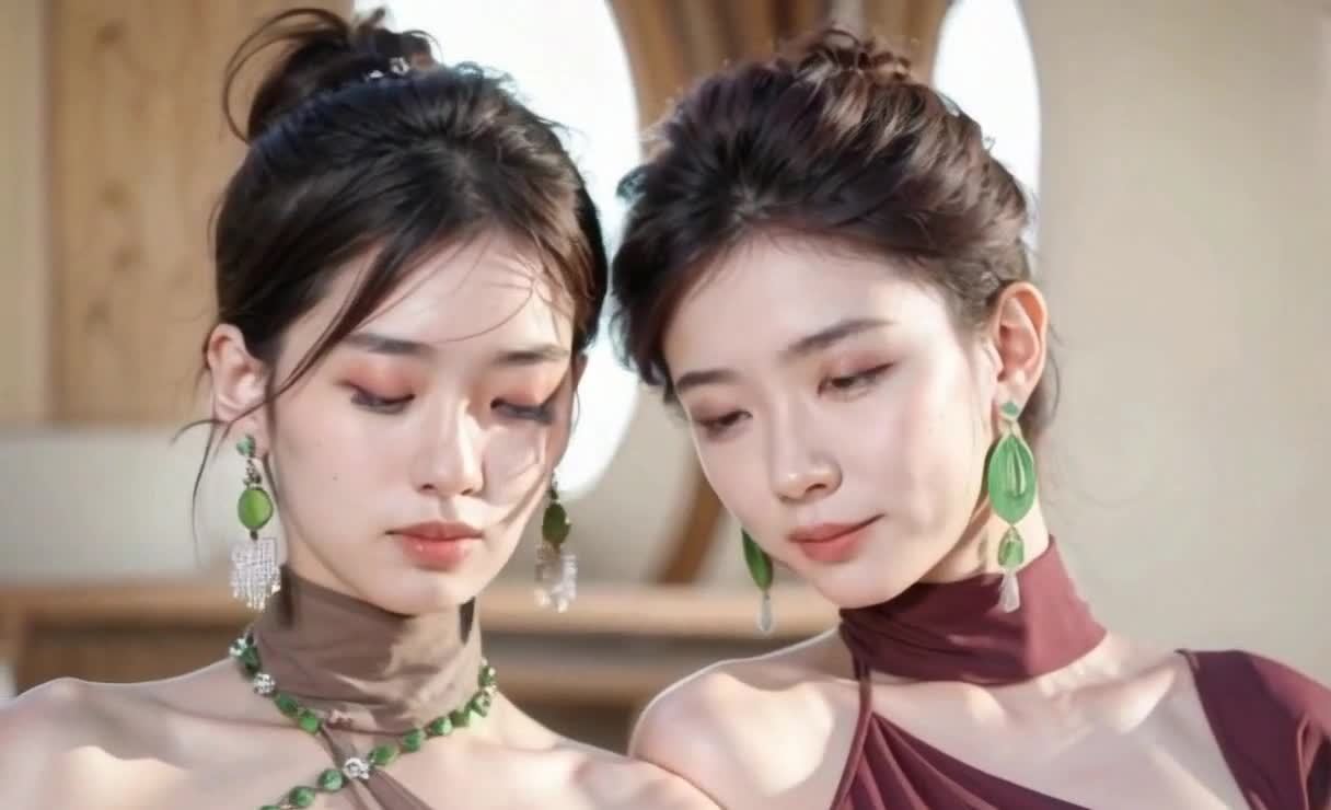 两名年轻女性并排站立。她们都留着黑色的长发，发型有
