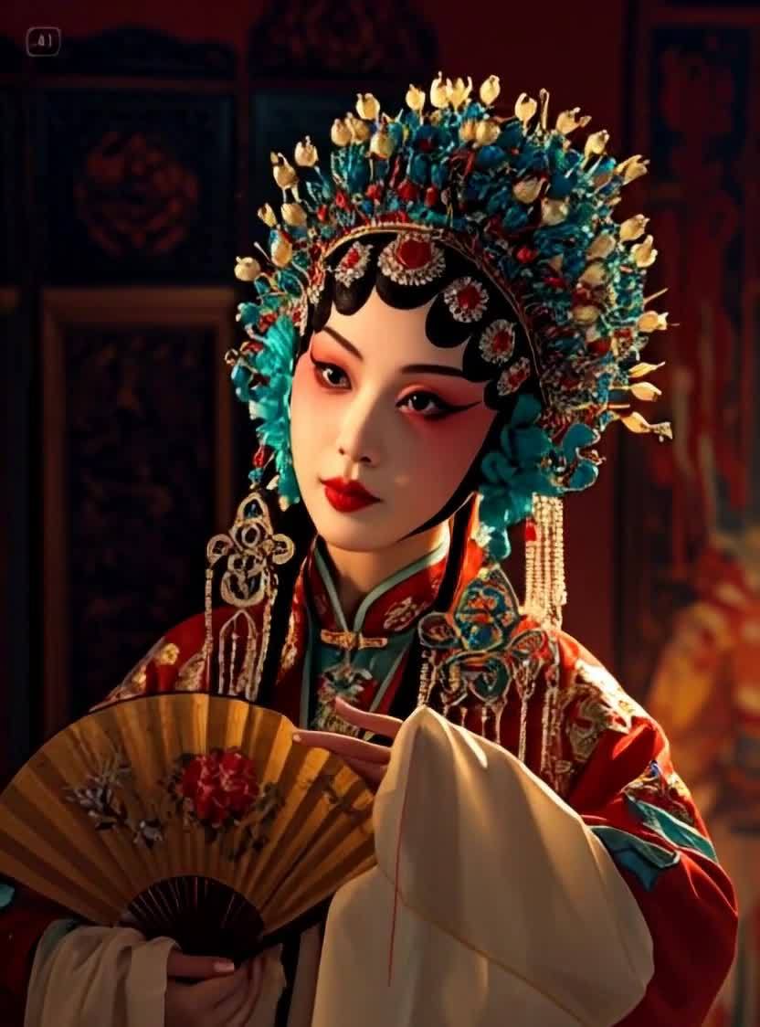 京剧戏曲人物，华丽装扮，手持扇子，面容精致。
