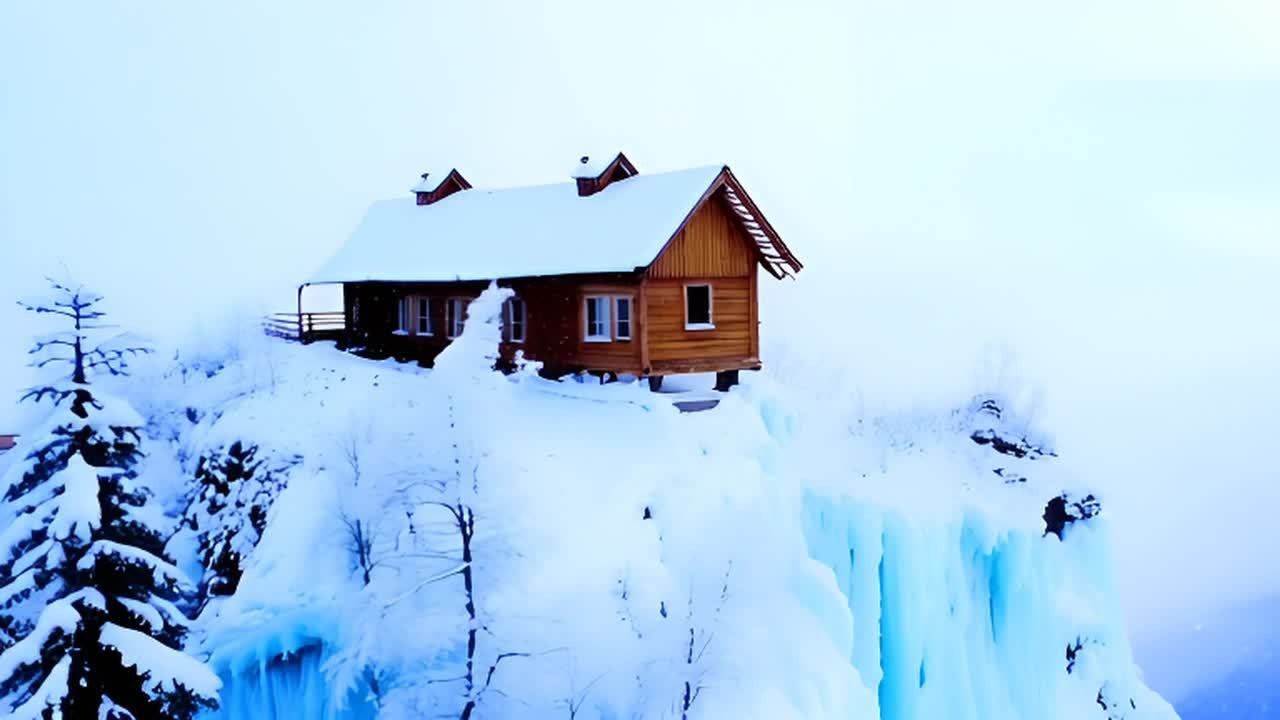 一座木屋建在冰封的山顶上，被雪包围着。相机缓慢地移