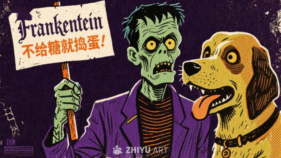 弗兰肯斯坦与狗手持标语