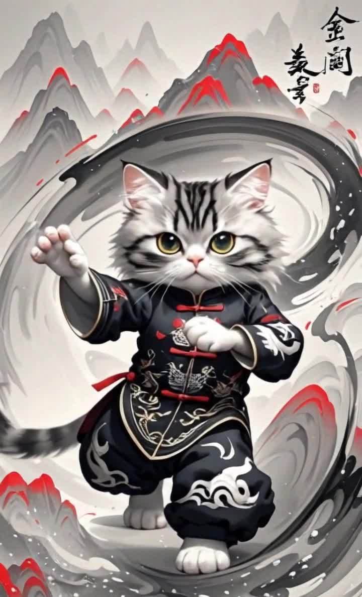 水墨风功夫猫咪，准备出拳！ 气势十足！