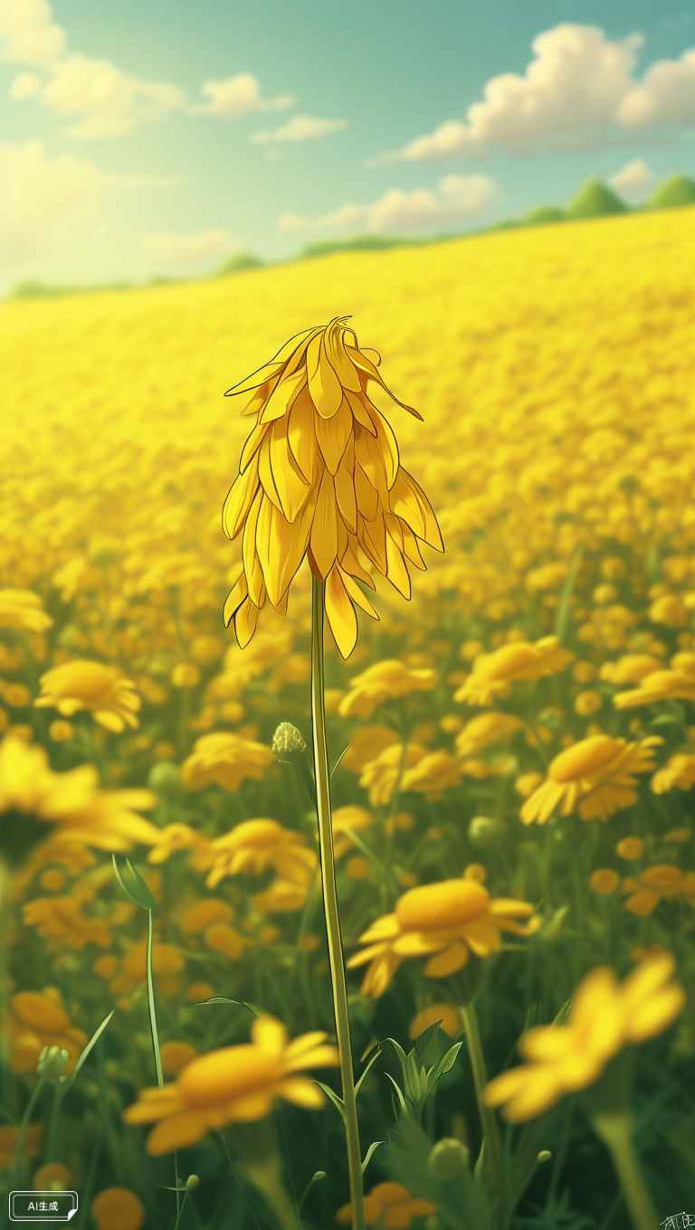 一朵金黄的油菜花，在一望无际的花田中格外耀眼 3