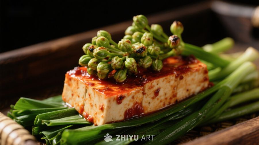香辣豆腐配青蒜和豆芽
