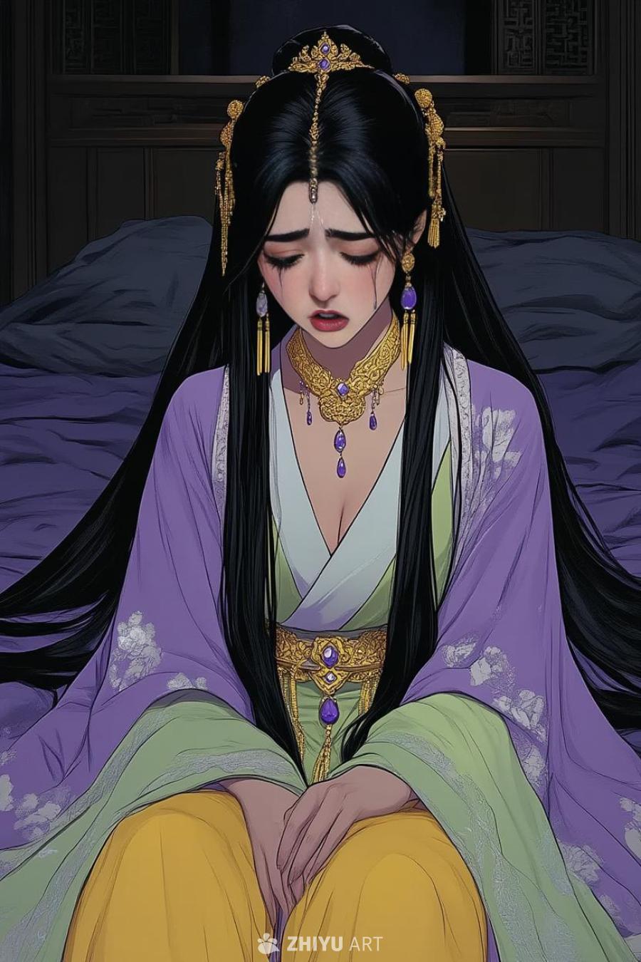 身穿淡紫色、白色、黄色和浅绿色长款汉服的年轻女子坐