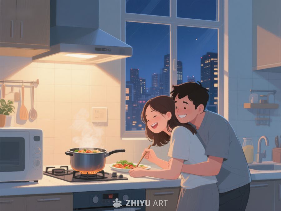 厨房温馨夜景，情侣共度烹饪时光 44
