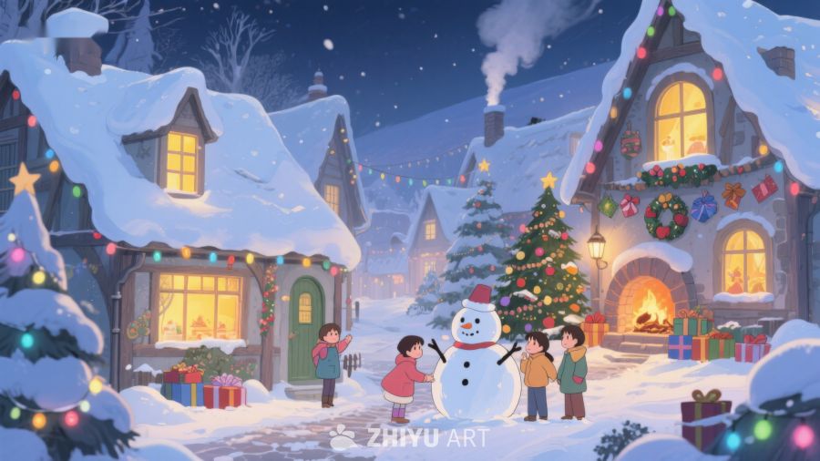 雪夜温馨小镇，孩童与雪人共度圣诞 435