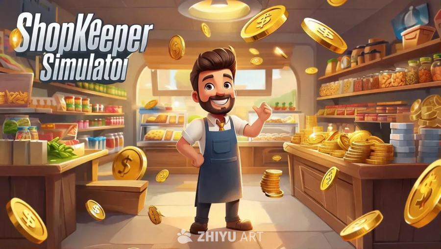 一位站在商店中间的店主，周围摆放着商品，金币或物品