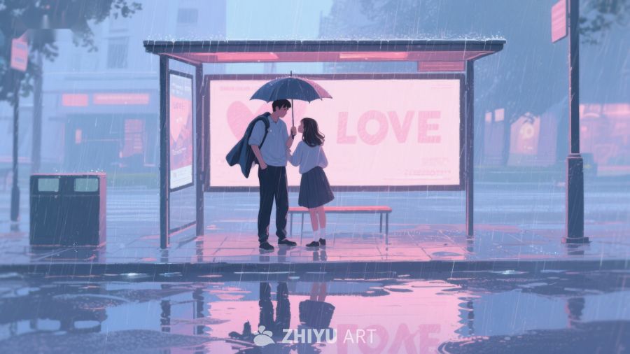 雨中公交站台下的温馨时刻 636