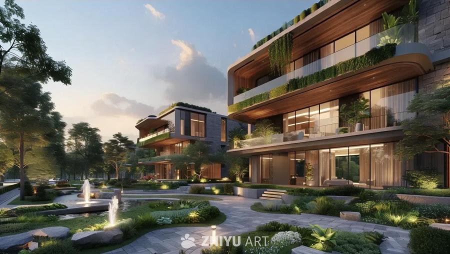 现代住宅楼坐落于城市街区中，建筑采用时尚创新的建筑
