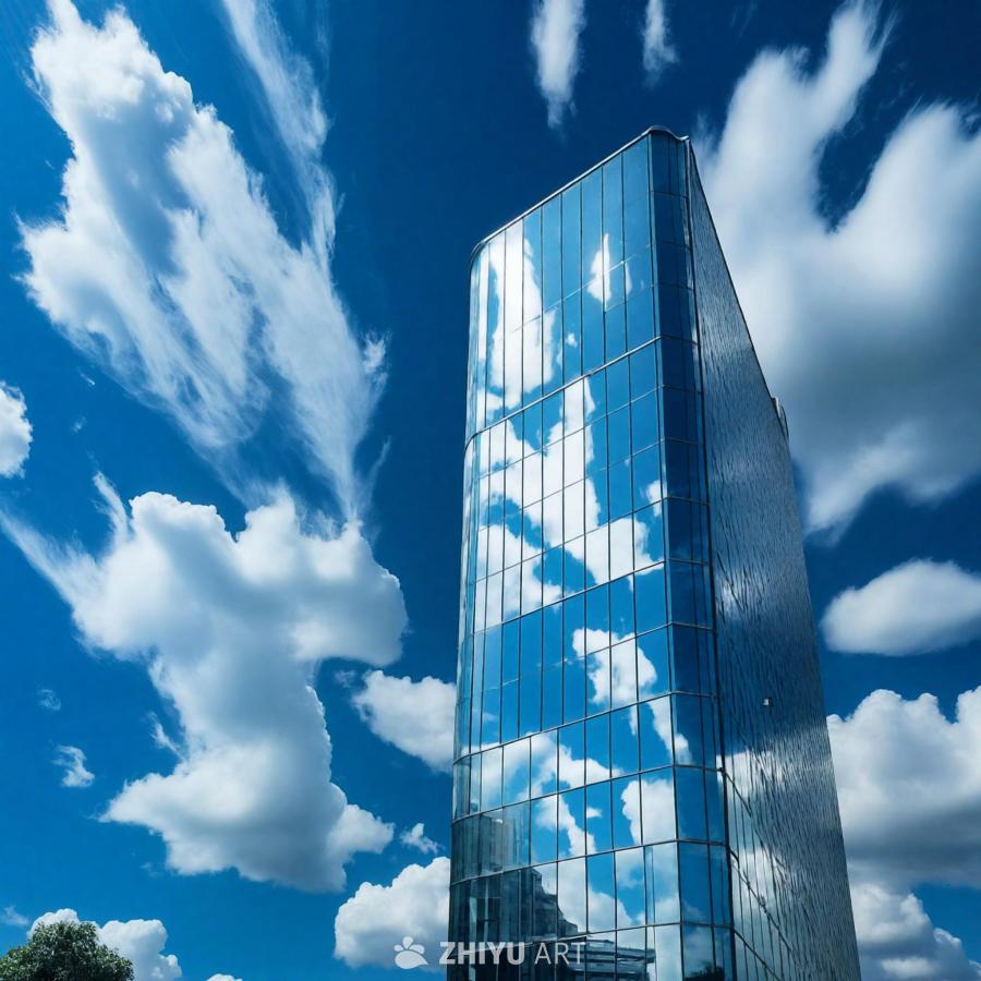 一座高大的、闪亮的建筑，外层是反光玻璃，呈现出镜面