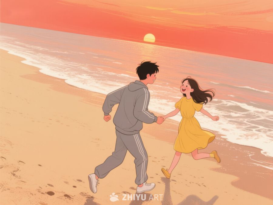 海滩日落下的牵手奔跑 257