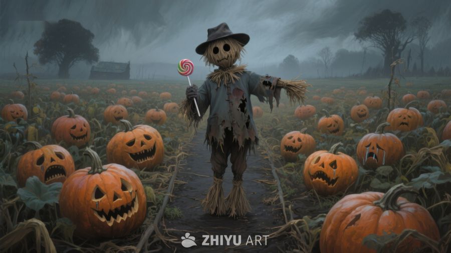 万圣节南瓜田中的稻草人