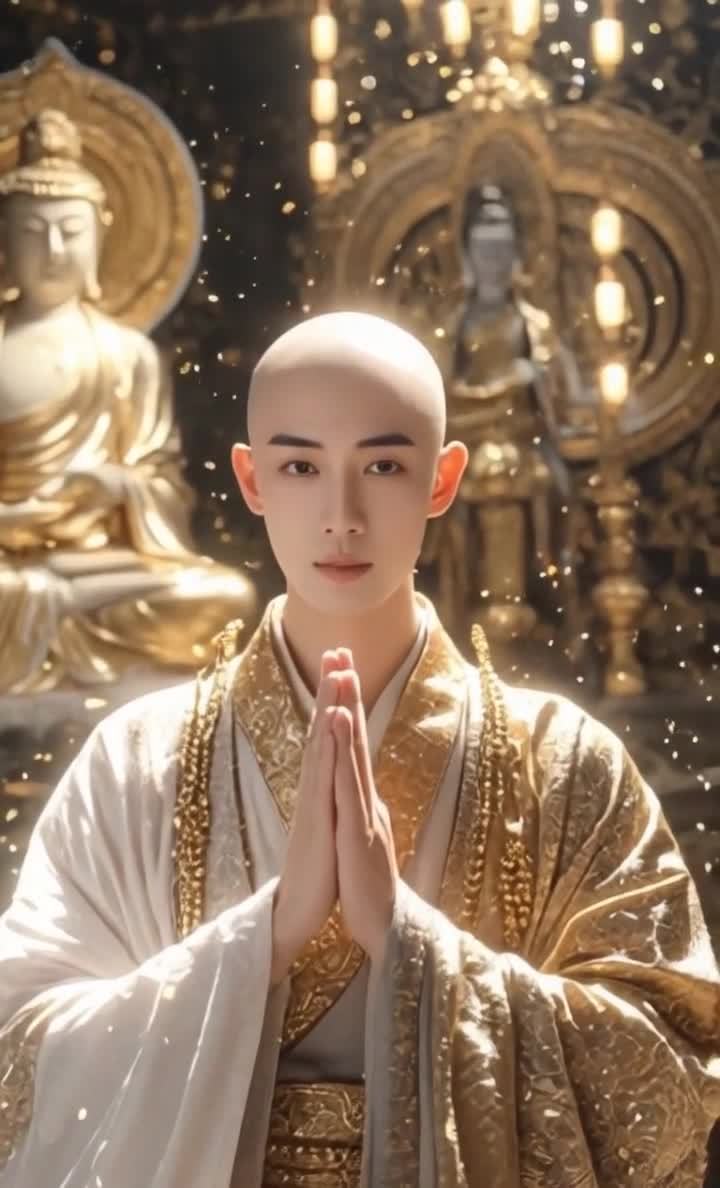 僧侣双手合十金色佛像前祈祷