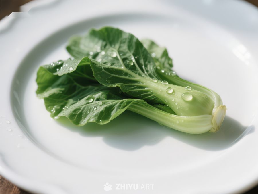 新鲜青菜置于白色盘中 596