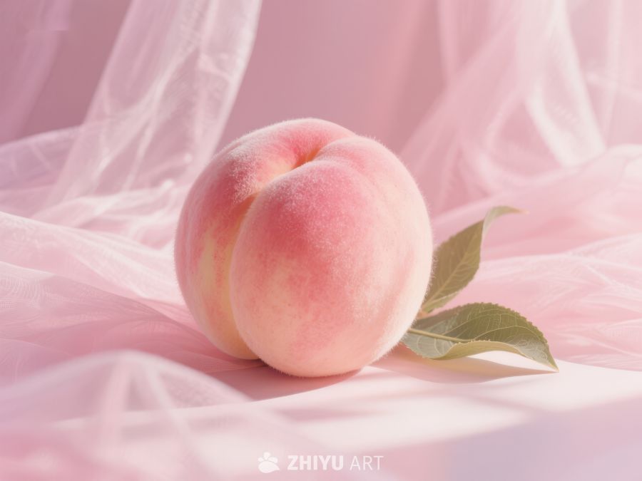 粉嫩桃子与绿叶的柔美静物 94