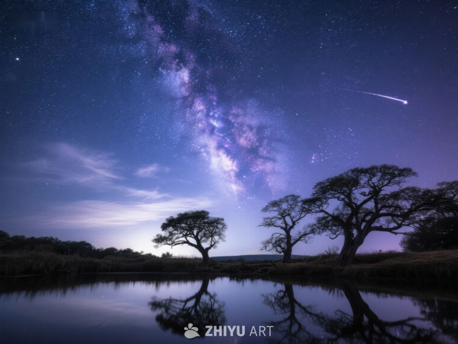 银河夜空下的树影倒映 542