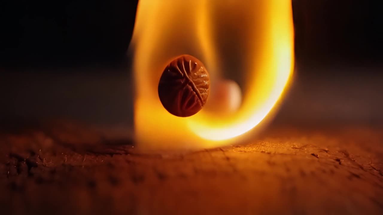 一根火柴从画面顶部向下翻滚，火柴头是深棕色的，火柴