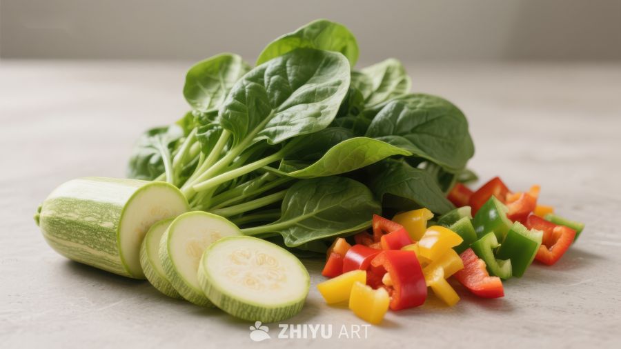 新鲜蔬菜组合：菠菜、彩椒与黄瓜