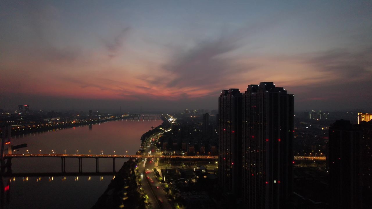 湖南湘潭日落晚霞夜景航拍