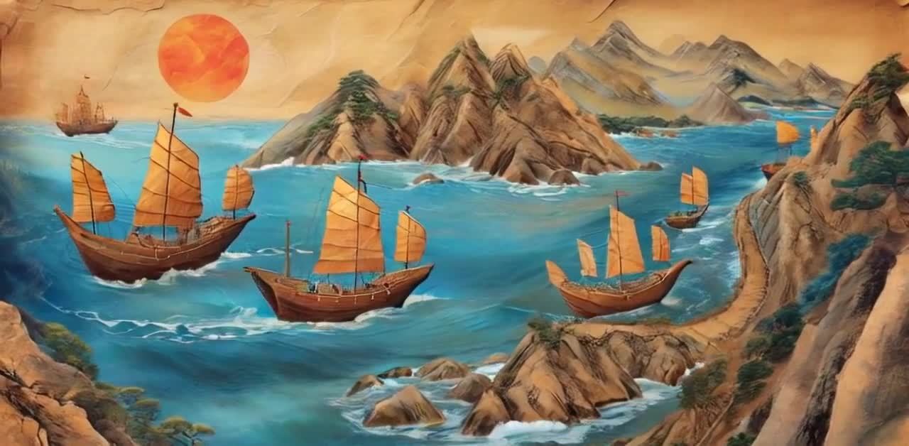 帆船于碧海黄山间航行，橙帆耀日映海。