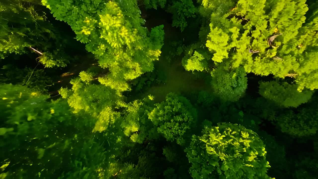 从高处俯瞰，一个充满生机的植物世界展开，镜头从高空