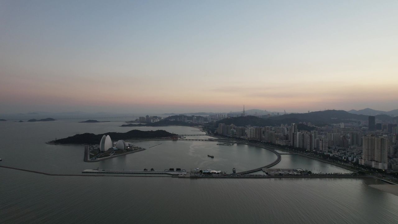 广东珠海城市晚霞夜幕降临航拍