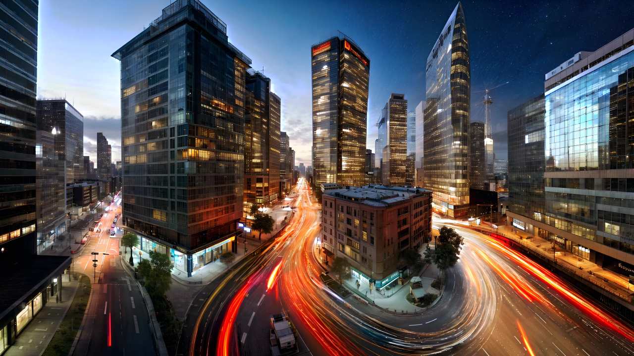 夜晚，高楼林立的城市街道上，车辆的光轨形成明亮的曲