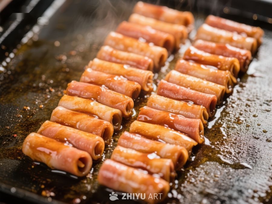 煎烤中的卷状美食