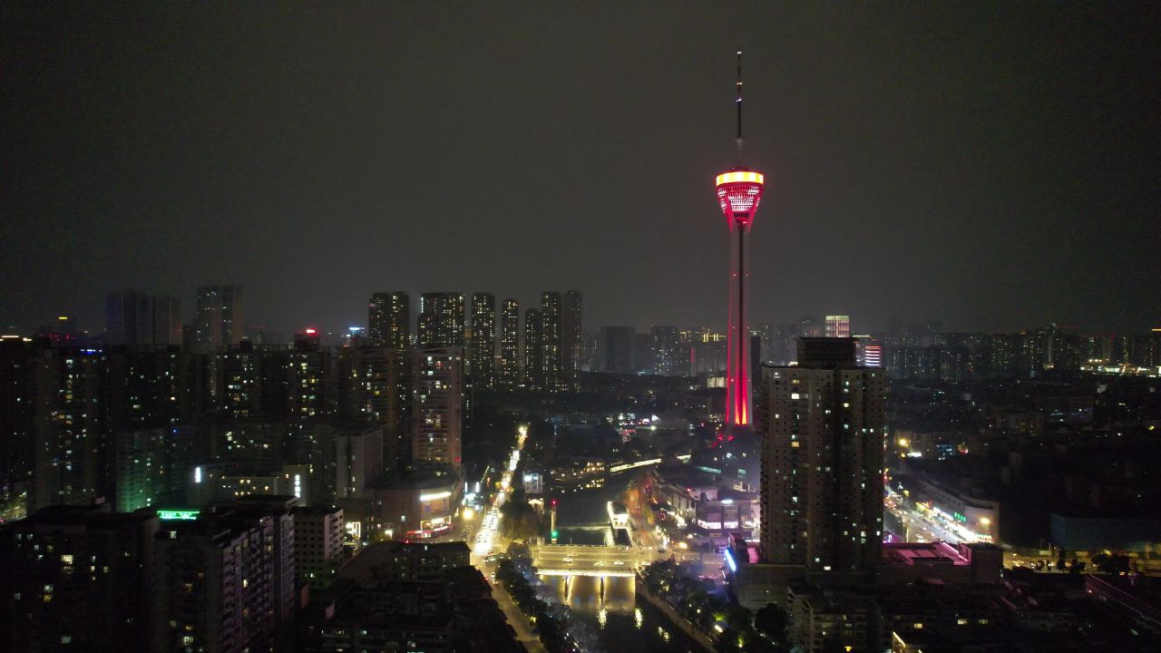 四川成都天府熊猫塔夜景灯光航拍 