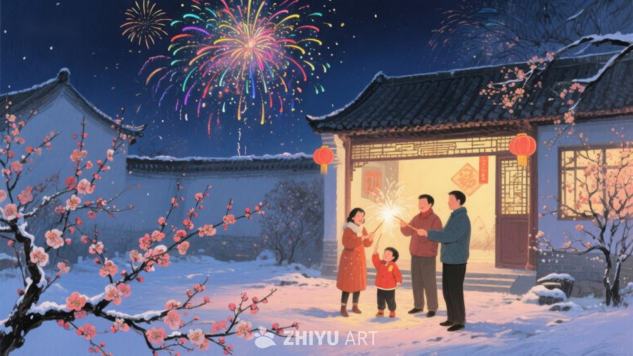 冬夜烟花下的家庭欢聚 202
