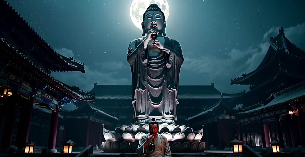 夜色下，中国古代寺庙里，一尊巨大的佛像矗立。一个身