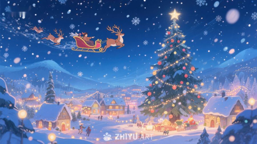圣诞夜雪景与驯鹿雪橇 250