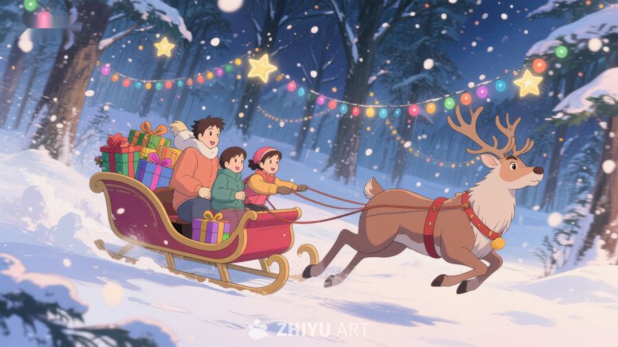 雪夜驯鹿拉着雪橇载着一家三口 445