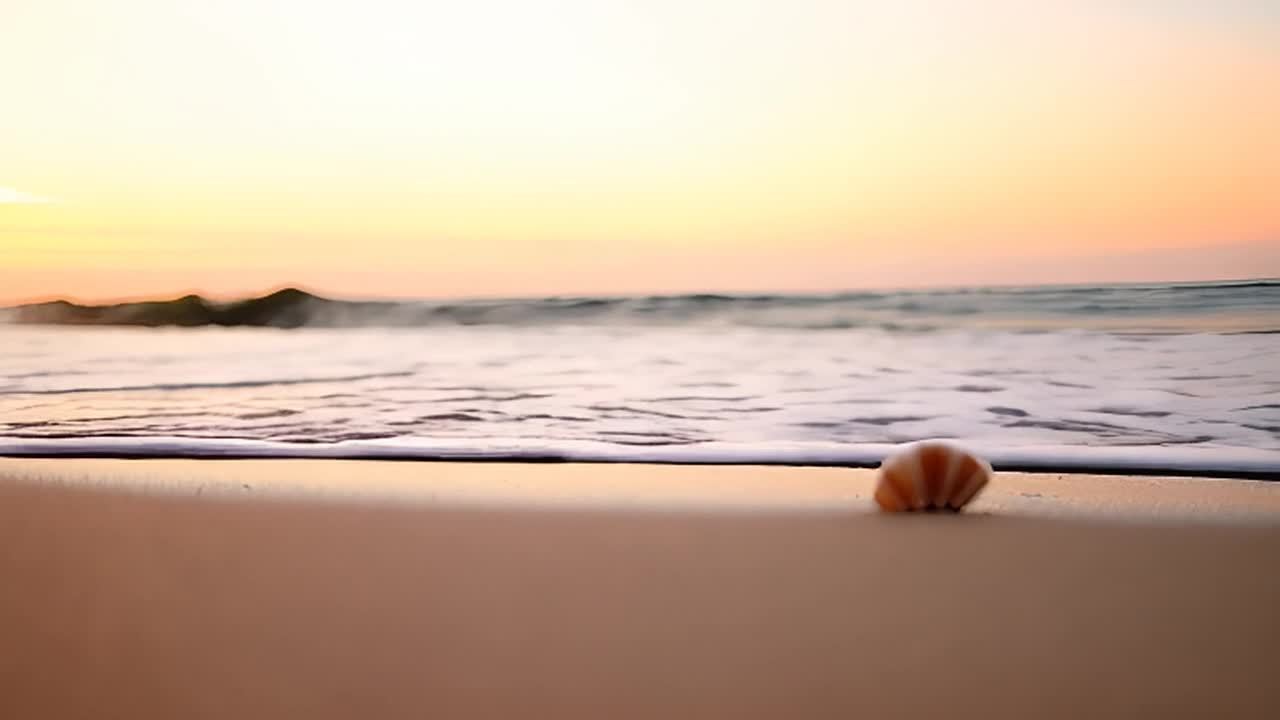 海滩在日出时分呈现安静的景象，地平线被柔和的橙色和
