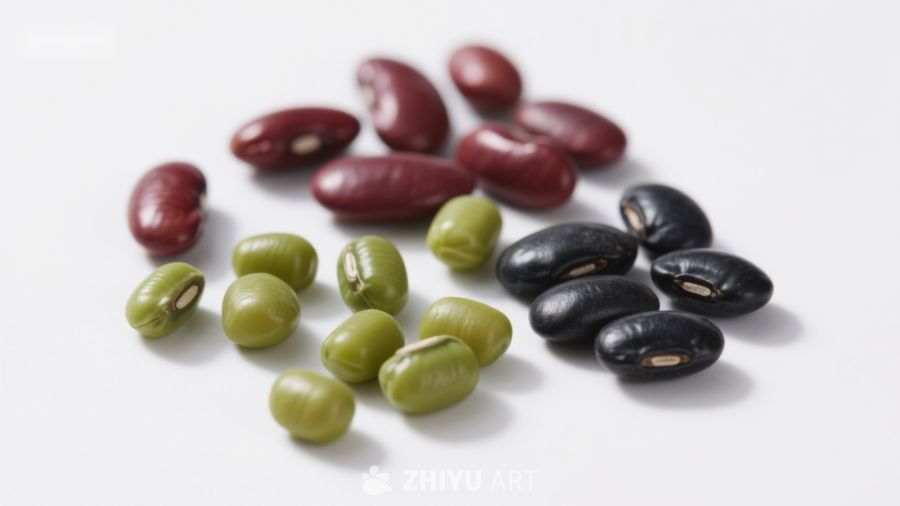 四种不同颜色的豆类特写