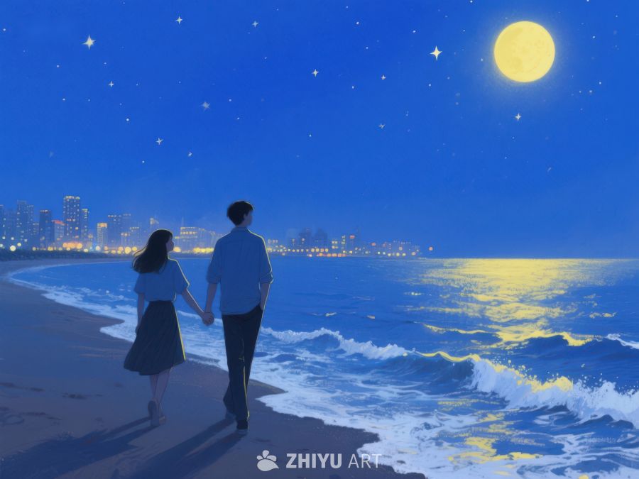 月夜海边漫步的情侣 1127