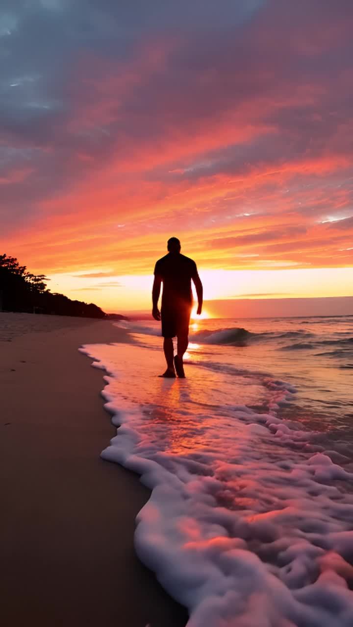 日落时分，一个人沿着海滩行走，海浪拍打着沙滩，天空