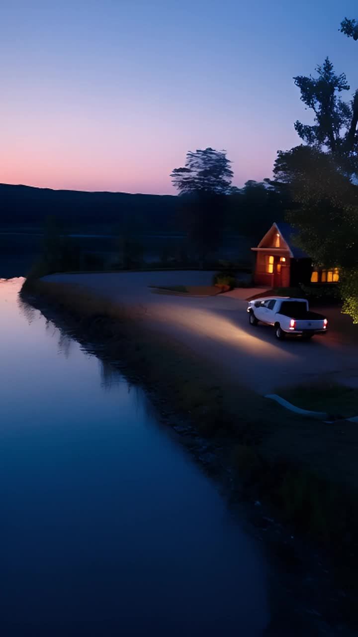 夜间，湖边有一条道路，一辆白色皮卡车行驶在道路上，