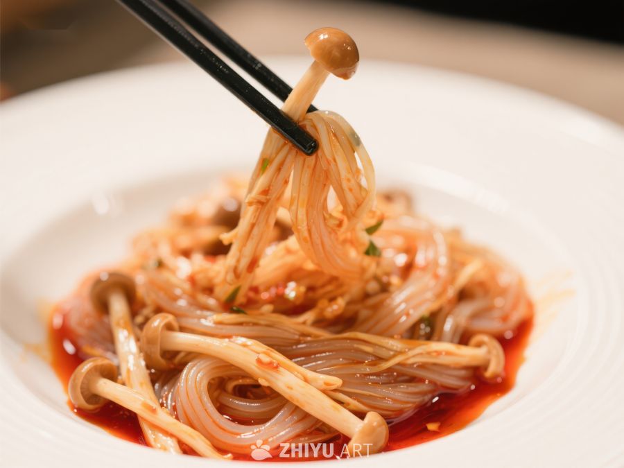 筷子夹起的美味凉拌金针菇 666