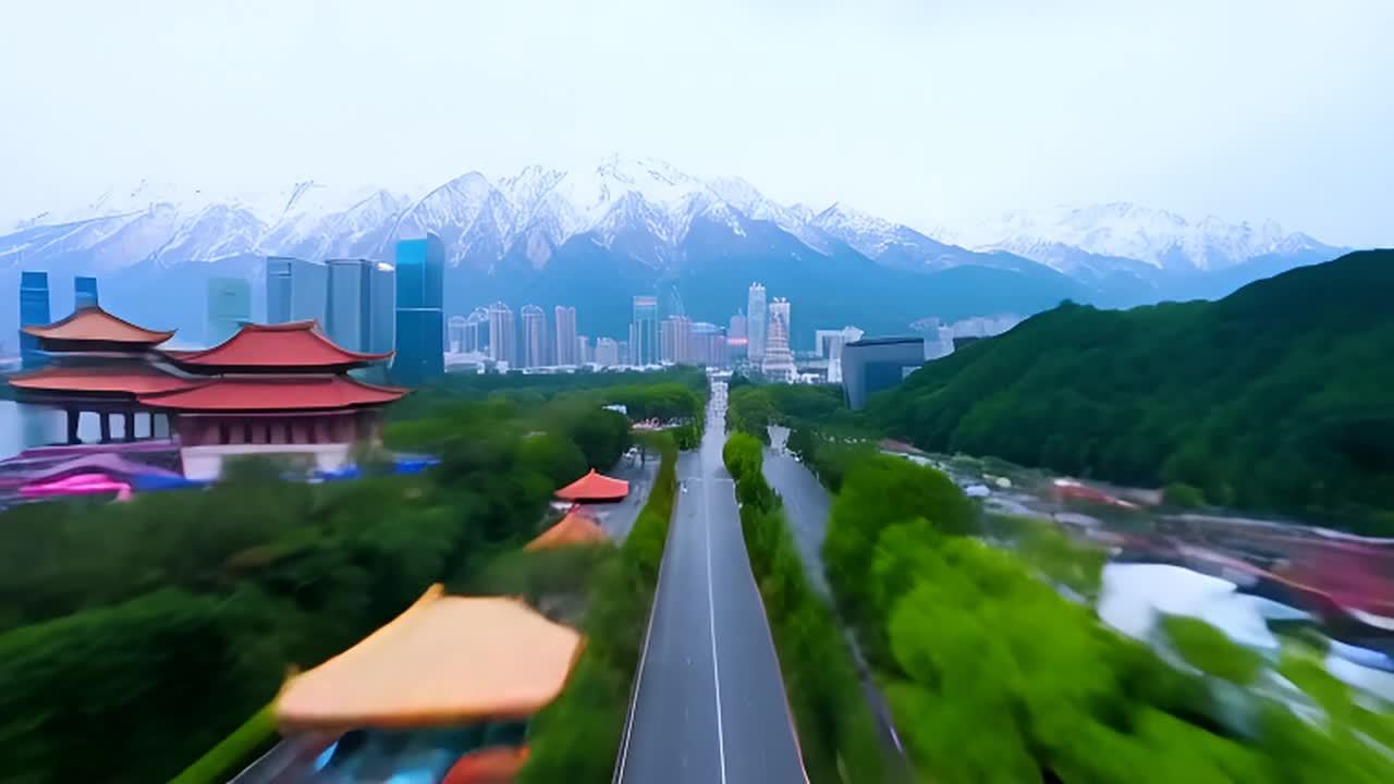 画面中呈现雪山山脉，山脚下有湖泊，湖畔有红顶中式建