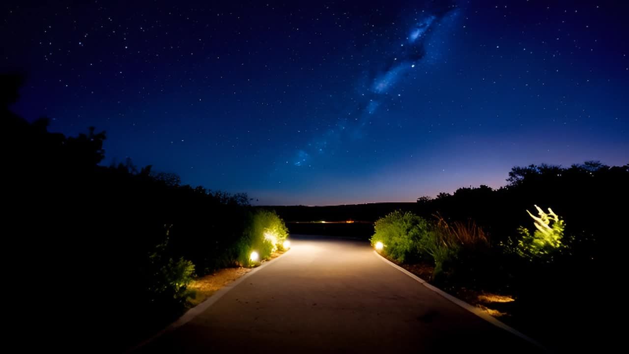 夜空中布满了繁星点点，银河清晰可见。一条小路穿越树