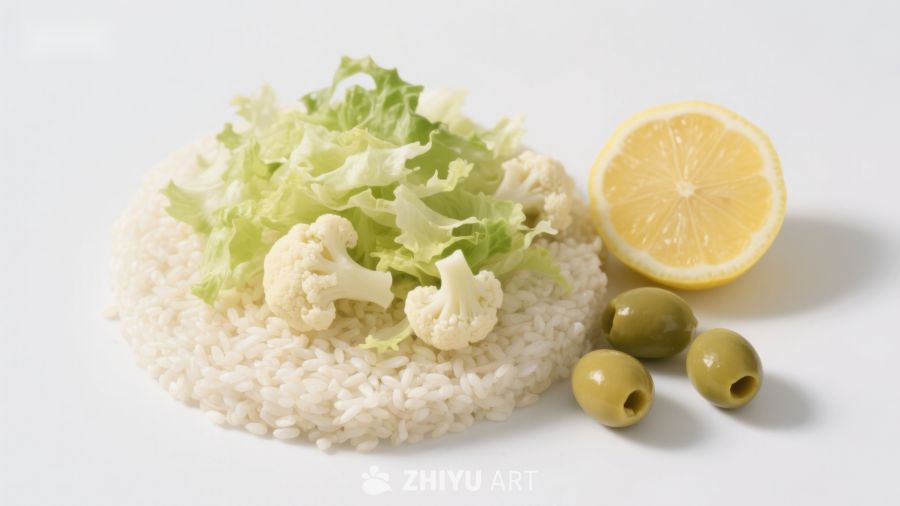 米饭配蔬菜与柠檬橄榄