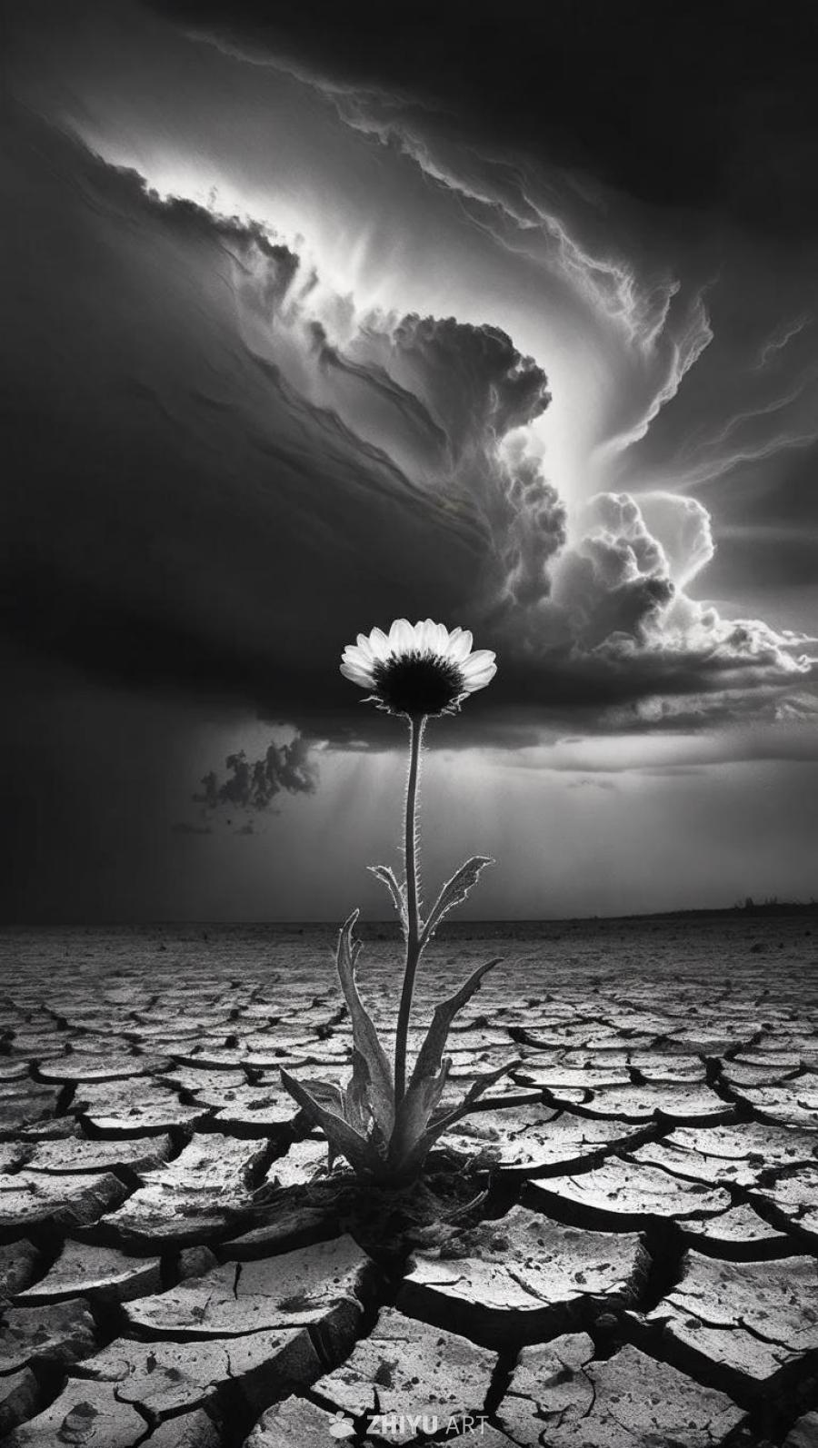 黑白画面中，天空布满漩涡状的、纹理分明的暴风雨云，