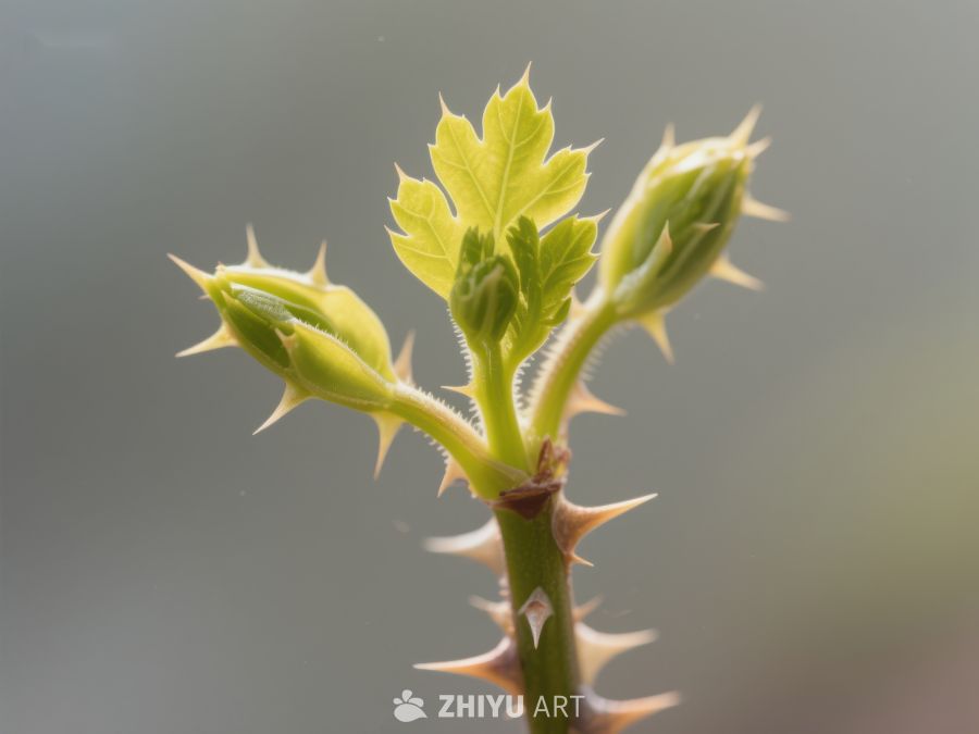 新生嫩芽与尖刺的植物特写 424