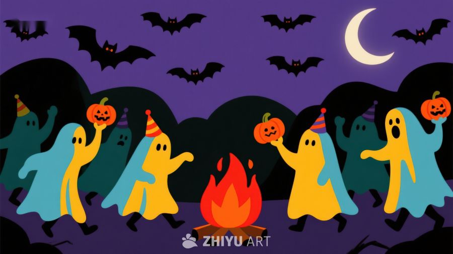 万圣节幽灵围篝火庆祝